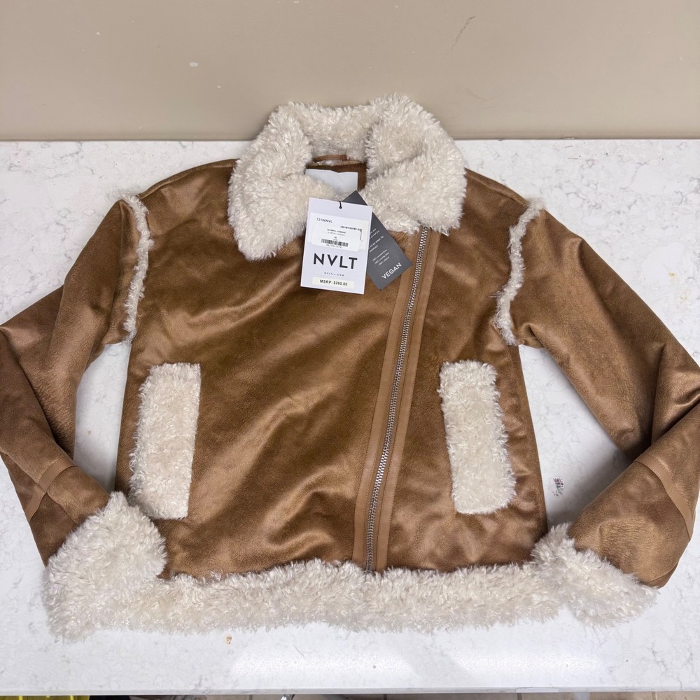 NVLT Vegan Faux Suede Sherpa Moto Jacket Luggage Brown T2106NVL XS NEW